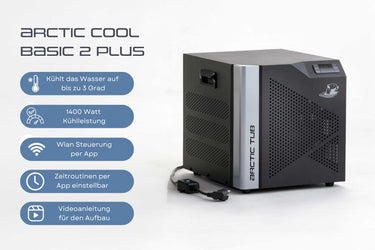 Arctic Cool Basic 2 Plus Eisbad Kühlgerät in Schwarz – 1.400W Kühlleistung, Frontansicht mit Bedienfeld und Anschlüssen