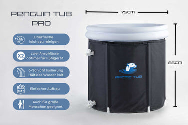 Penguin Tub Pro Eisbecken Infografik - 75cm breit, 85cm hoch, 6-Schicht-Isolierung mit Kühlanschlüssen und einfachem Aufbau