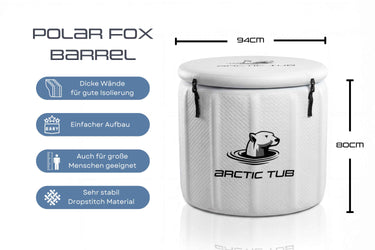 Polar Fox Barrel Grau – Infografik mit Features, Maßen (94cm Ø, 80cm Höhe) und Drop-Stitch Material #farbe_grau