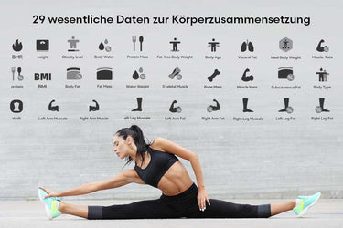 Eine Frau in Sportkleidung macht einen Stretching-Übung am Boden. Über ihr sind Symbole zu den 29 wichtigsten Körperzusammensetzungsdaten wie BMR, BMI und Körperfettanteil zu sehen – ideal zur Ergänzung von Eisbädern, Kältetherapie und Outdoor-Kälteanwendungen.