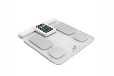 Top Ansicht eines flachen, weißen Körperanalysegeräts auf weißem Hintergrund – ideal zur Unterstützung von Eisbädern, Kältetherapie und Outdoor-Kälteanwendungen.