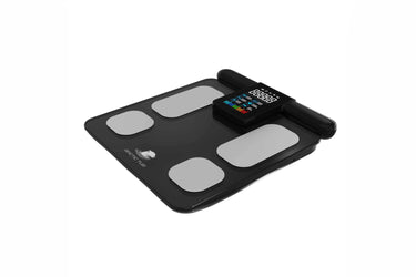 Top Ansicht eines flachen, schwarzen Körperanalysegeräts auf weißem Hintergrund – ideal zur Unterstützung von Eisbädern, Kältetherapie und Outdoor-Kälteanwendungen.