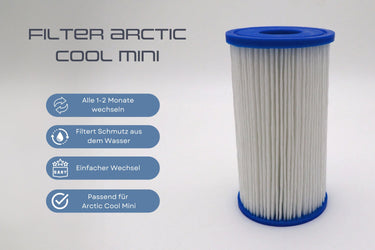 Ein austauschbarer Filterzylinder für das Arctic Cool Mini-Kühlsystem, der Schmutz aus dem Wasser filtert und alle 1–2 Monate gewechselt werden sollte. Ideal für Eisbäder, Kältetherapie und Outdoor-Kälteanwendungen.