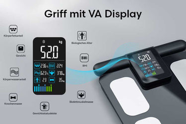 Abbildung einer modernen Körperanalyse-Waage mit Griff und VA-Display. Das Display zeigt Messwerte wie Gewicht, Körperfettanteil und BMI – ideal zur Ergänzung von Eisbädern, Kältetherapie und Outdoor-Kälteanwendungen.