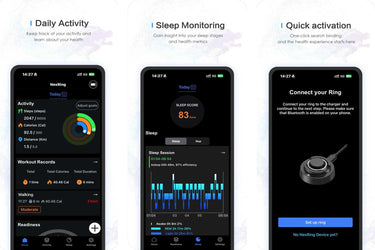 Drei Smartphone-Bildschirme zeigen eine Health-Ring-App mit täglicher Aktivitätsübersicht, Schlafüberwachung und schneller Aktivierung. Ideal zur Unterstützung bei Eisbädern, Kältetherapie und Outdoor-Kälteanwendungen.