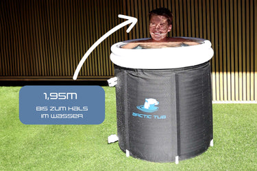 Penguin Tub Pro Eisbecken mit 1,95m grossem Mann - hoher Wasserstand bis zum Hals, auch fuer grosse Personen geeignet