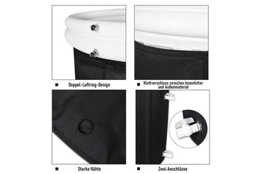 Vier Detailansichten des schwarzen Eisbad-Behälters (Penguin Tub Pro) mit weißem Rand, die das Doppel-Luftring-Design, den Klettverschluss zwischen Innenfutter und Außenmaterial, die verstärkten Nähte sowie die zwei seitlichen Anschlüsse zeigen. Ideal für Eisbäder, Kältetherapie und Outdoor-Kälteanwendungen.