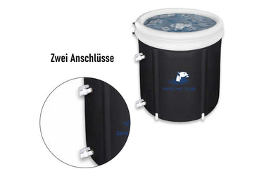 Ein schwarzer Eisbad-Behälter (Penguin Tub Pro) mit weißem Rand und Eiswürfeln. Die Nahaufnahme zeigt zwei Anschlüsse für ein Kühlsystem oder Abläufe. Ideal für Eisbäder, Kältetherapie und Outdoor-Kälteanwendungen.