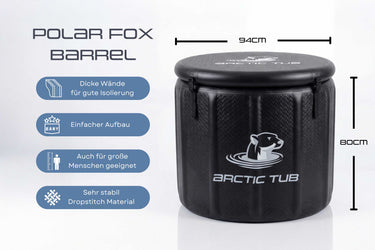 Polar Fox Barrel Schwarz – Infografik mit Features, Maßen (94cm Ø, 80cm Höhe) und Drop-Stitch Material #farbe_schwarz