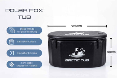 Arctic Cool Basic 2 Plus und Polar Fox Tub Schwarz – Infografik mit Features, Maßen (125x65x60cm) und Eigenschaften #farbe_schwarz